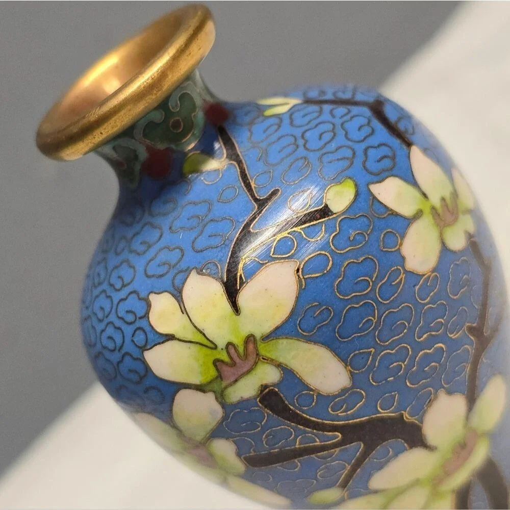Cloisonne Cherry Blossom Flowers With Bird Blue Vintage Chinese Mini Vase